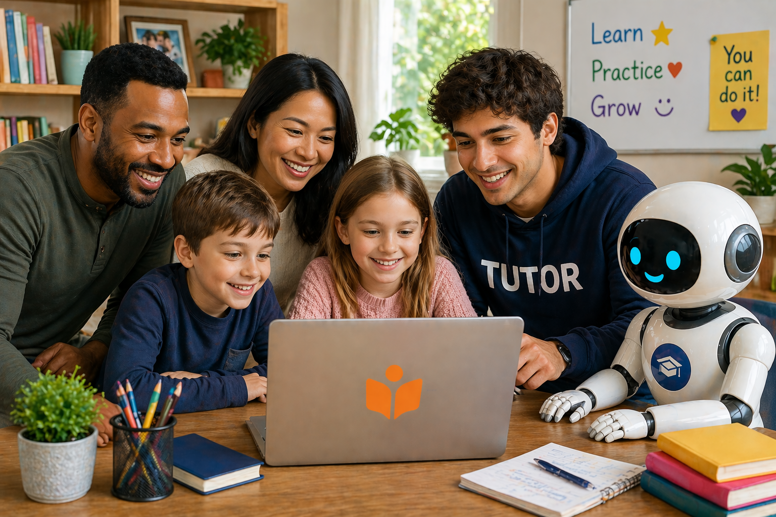 A family learning together with a friendly tutor